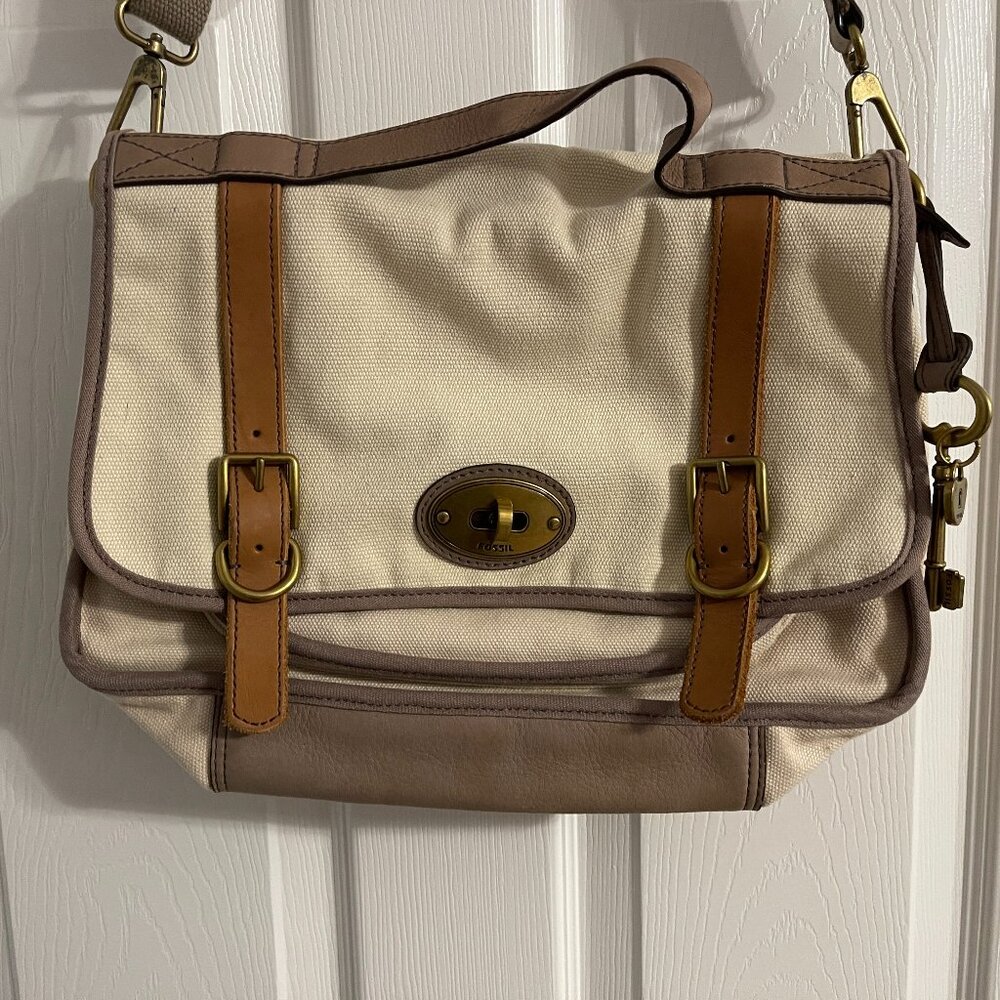 FOSSIL VINTAGE RE ISSUE FLAP MESSENGER LARGE Natural Canvas/ Leather ZB462